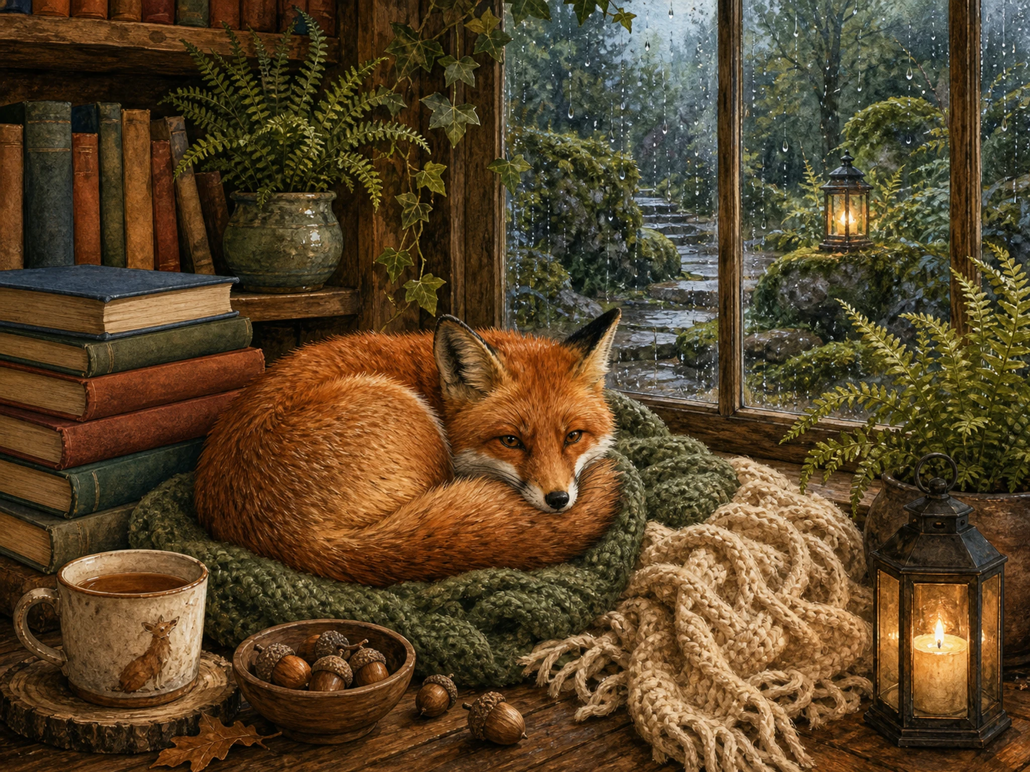 A small russet fox curled beside a rainy library window with books, ferns, candle lantern, tea cup, knitted blanket, acorns, and mossy garden view