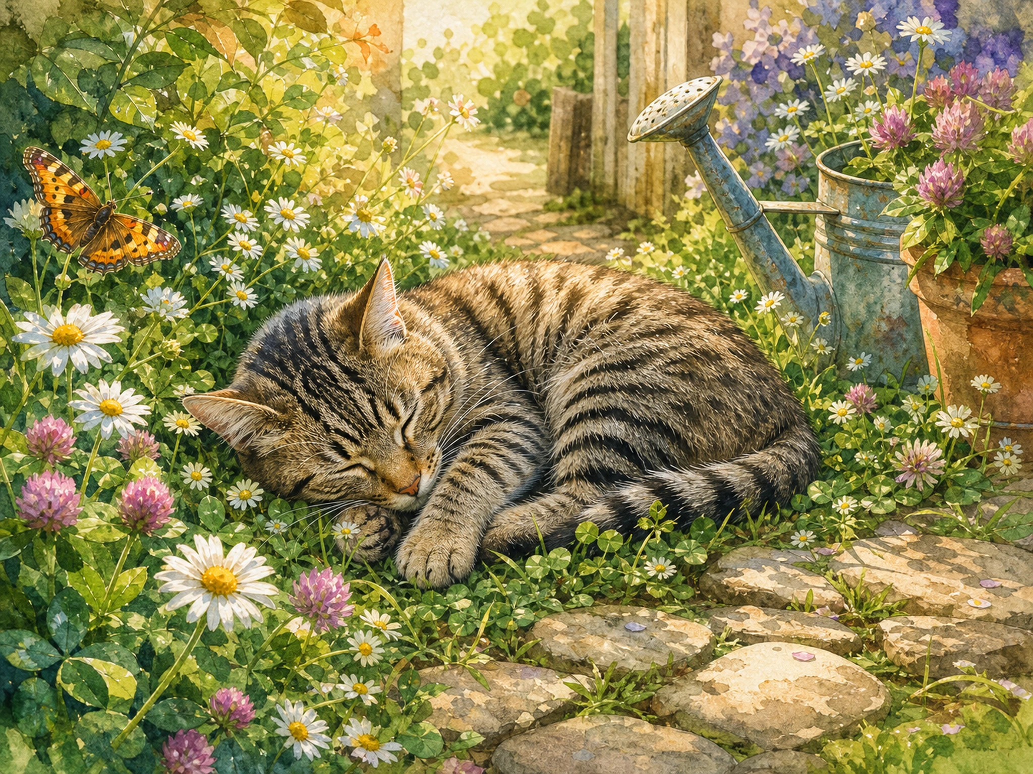 A striped cat sleeping in a flower garden with daisies, clover, path stones, butterflies, and a watering pot