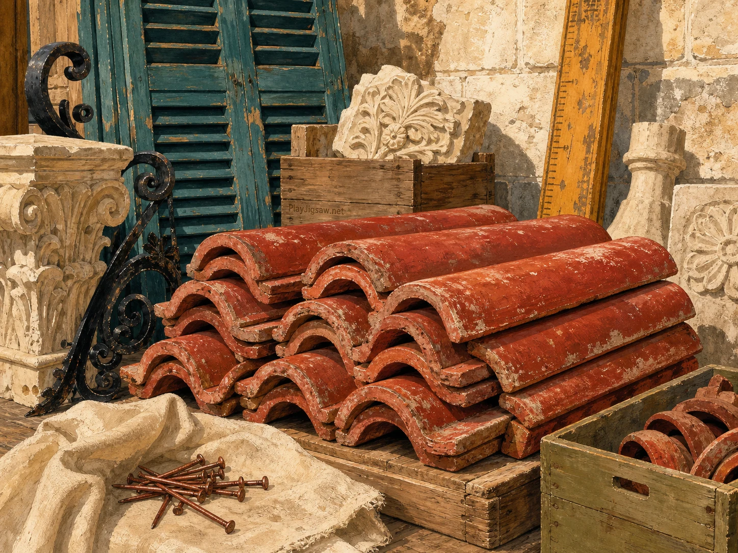 A stack of crimson curved roof tiles at an old architectural salvage stall with limestone fragments, teal shutters, black iron bracket, ochre measuring stick, cream dust cloth, copper nails, and olive crate