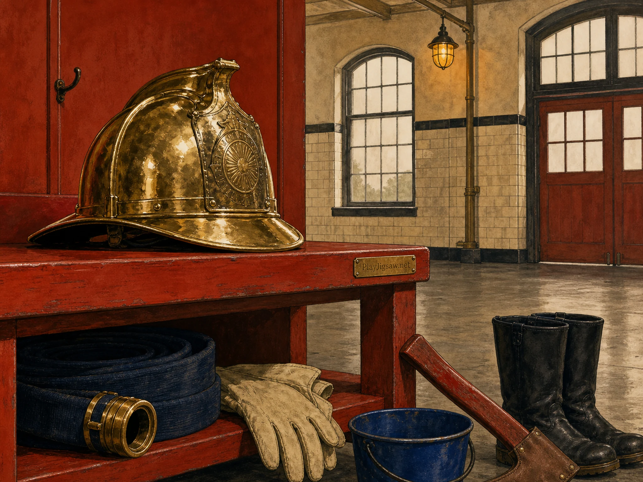 A polished brass firefighter helmet on a vermilion bench in a tiled 1930s station with navy hose, cream gloves, cobalt bucket, black boots, and brass maker plate