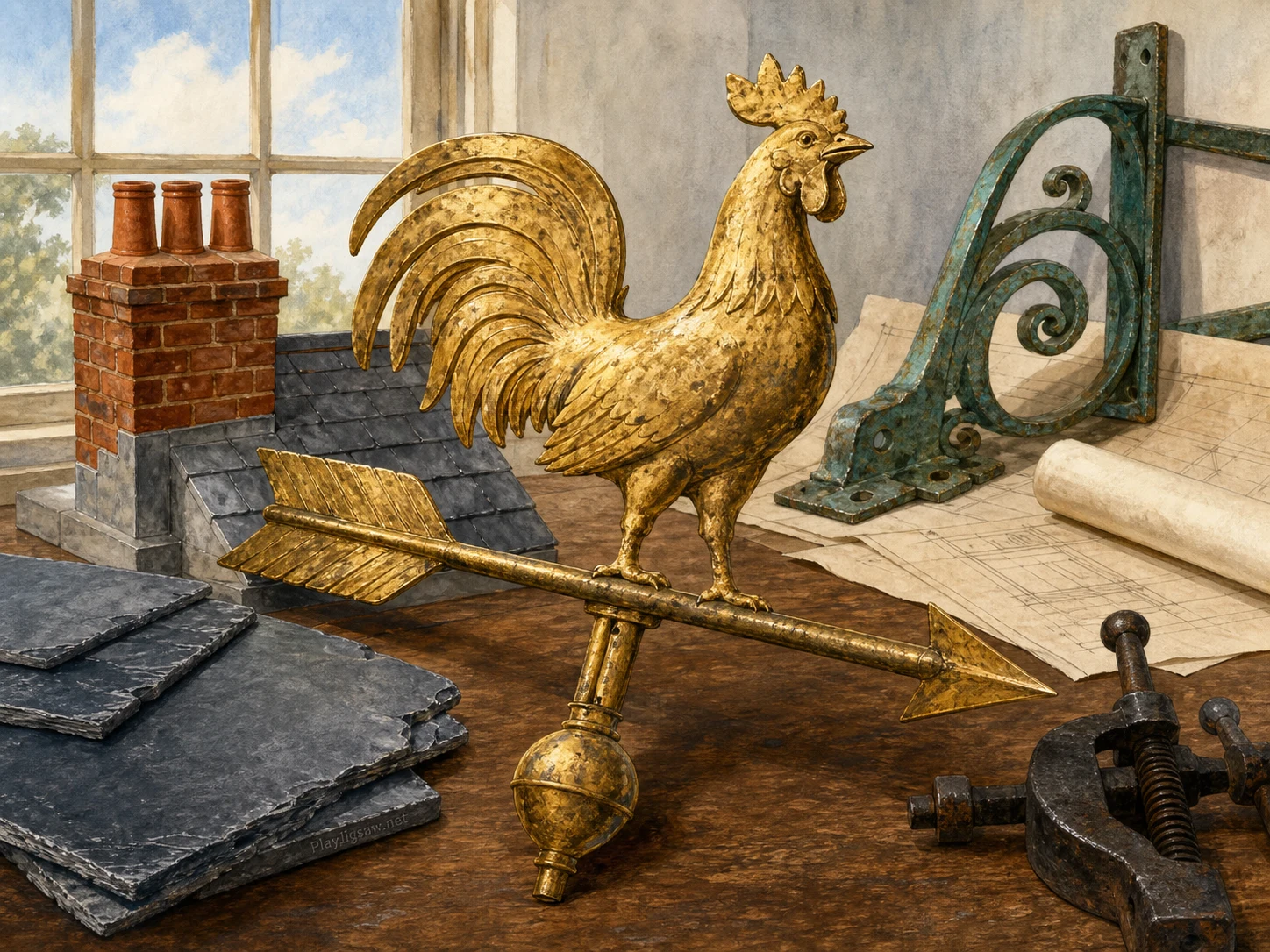 An antique-gold rooster rooftop weather vane on an architectural restoration table with slate roof tile samples, brick-red chimney model, cream drafting paper, verdigris copper bracket, black iron clamp, pale sky window, and umber wood table