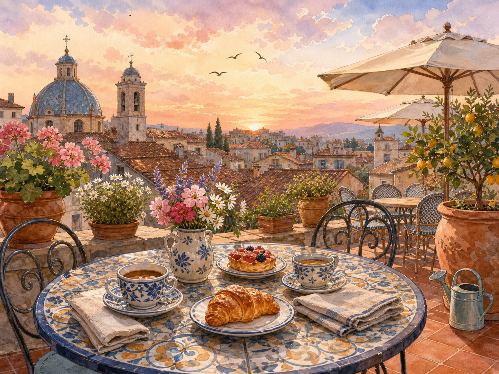 A rooftop cafe at dawn with a patterned tiled table, flower pots, pastries, ceramic cups, umbrellas, chairs, terracotta roofs, and old town skyline