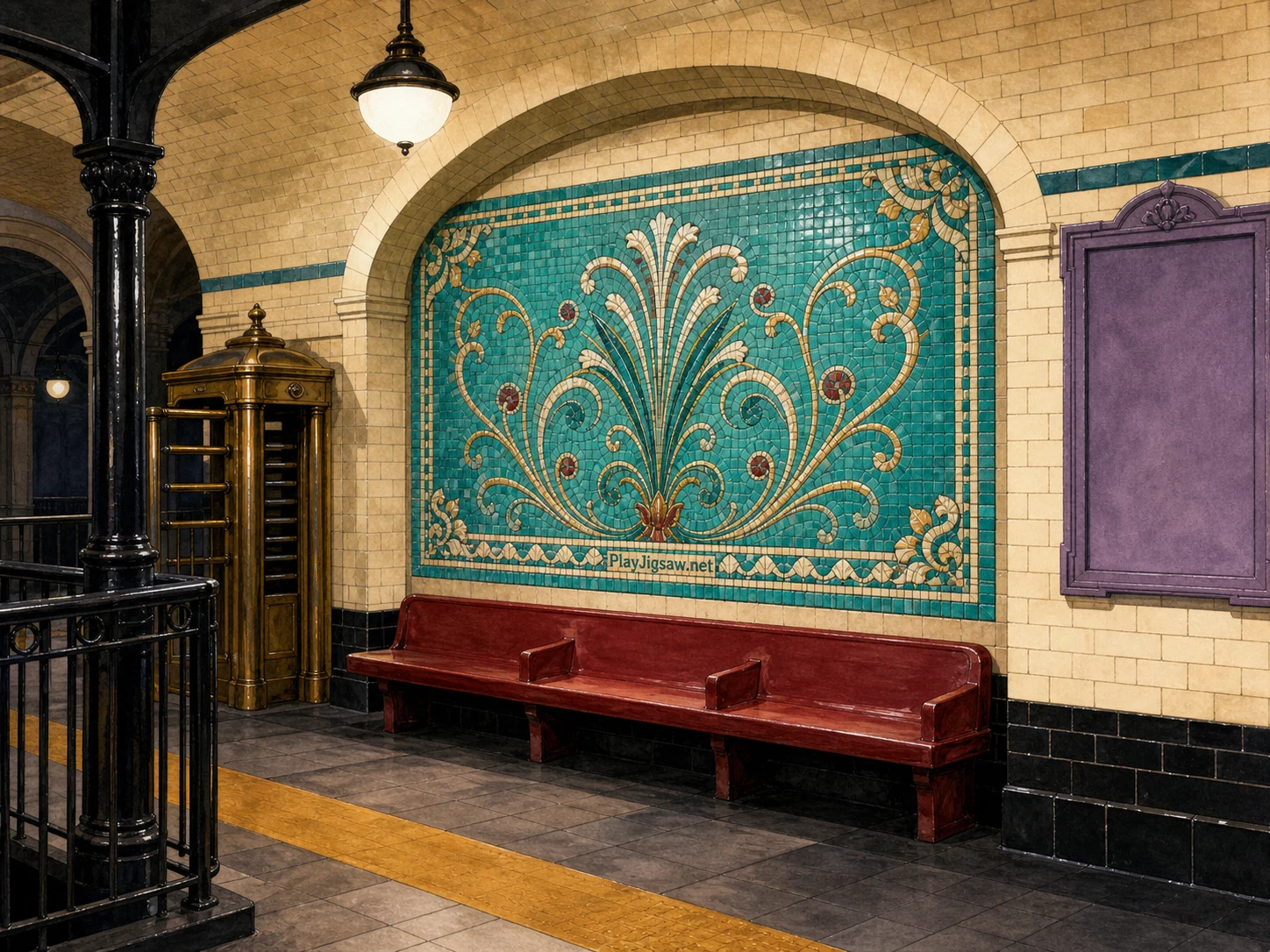 A turquoise mosaic wall panel in an empty vintage subway alcove with cream arched tile, cherry-red bench, black enamel rail, brass turnstile, and mustard floor stripe
