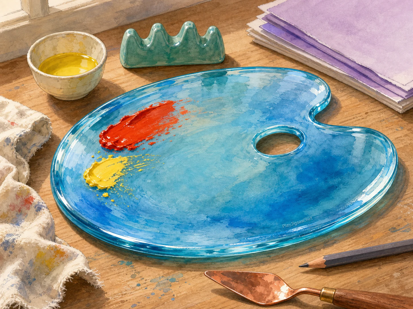 An azure glass paint palette on a painter's studio desk with vermillion paint, lemon pigment cup, jade brush rest, ivory rag, graphite pencil, copper palette knife, and lavender paper stack