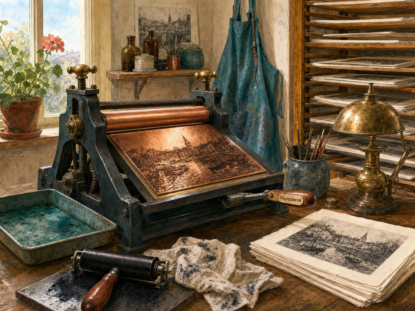 A copper etching plate on an oak printmaking bench with a hand press, inking roller, blue tray, cream paper stack, teal apron, and warm studio light