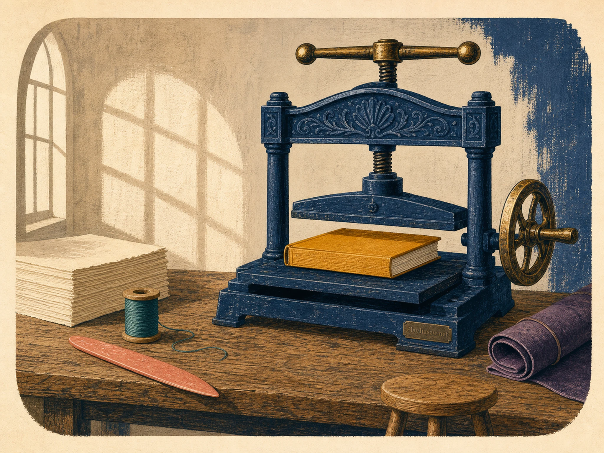 An indigo cast-iron book press holding one saffron book with cream paper, coral folder, brass wheel, teal thread, violet leather, and a small maker plate