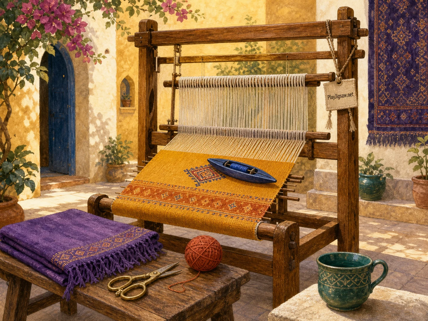 A saffron weaving loom in a sunlit courtyard textile studio with indigo shuttle, clay-red yarn ball, emerald cup, ivory warp threads, violet textile, and brass scissors