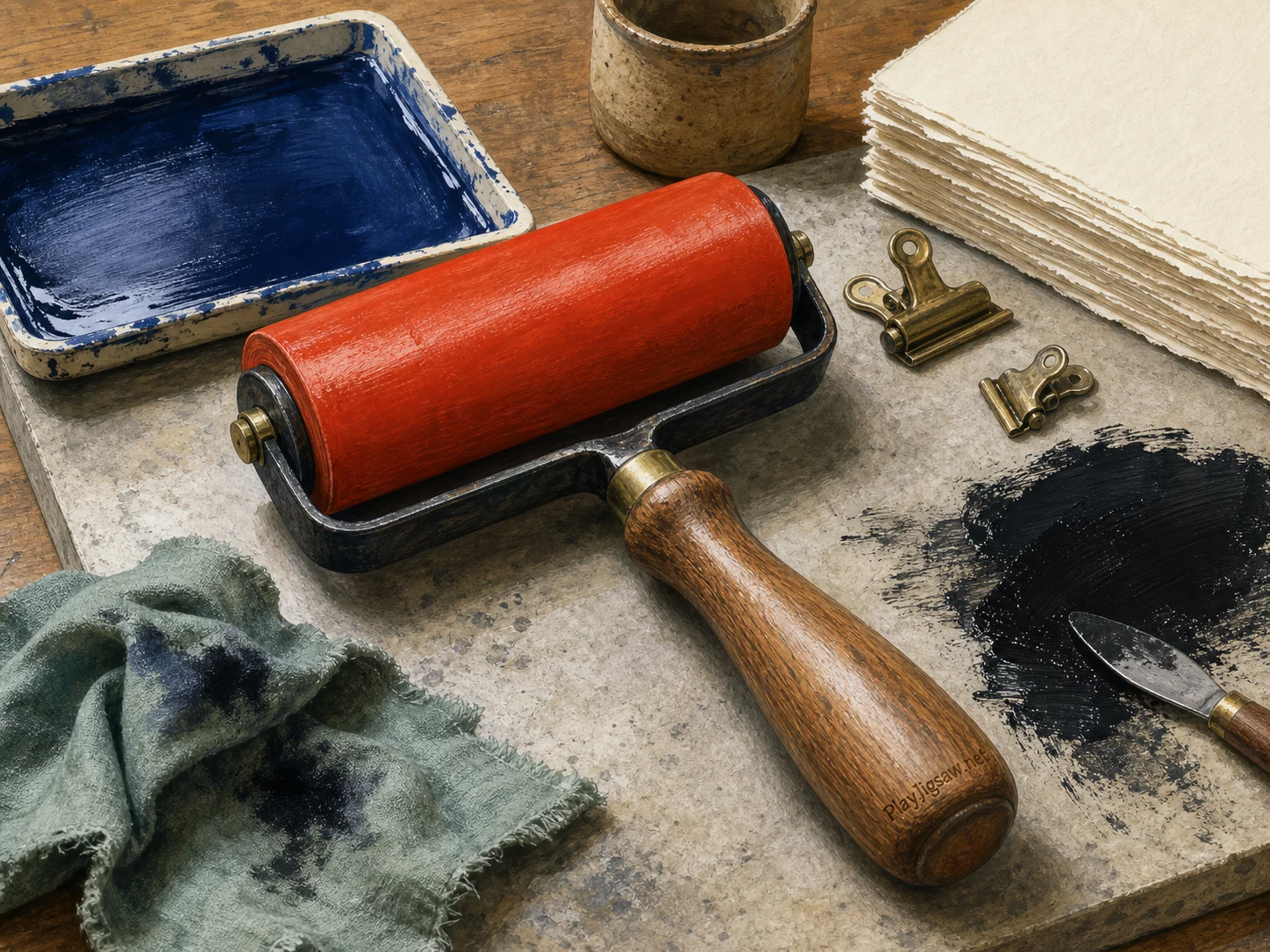A vermilion rubber brayer roller on a printmaking table with indigo ink tray, ivory paper stack, black ink smear, brass clips, eucalyptus rag, clay cup, and warm gray stone slab