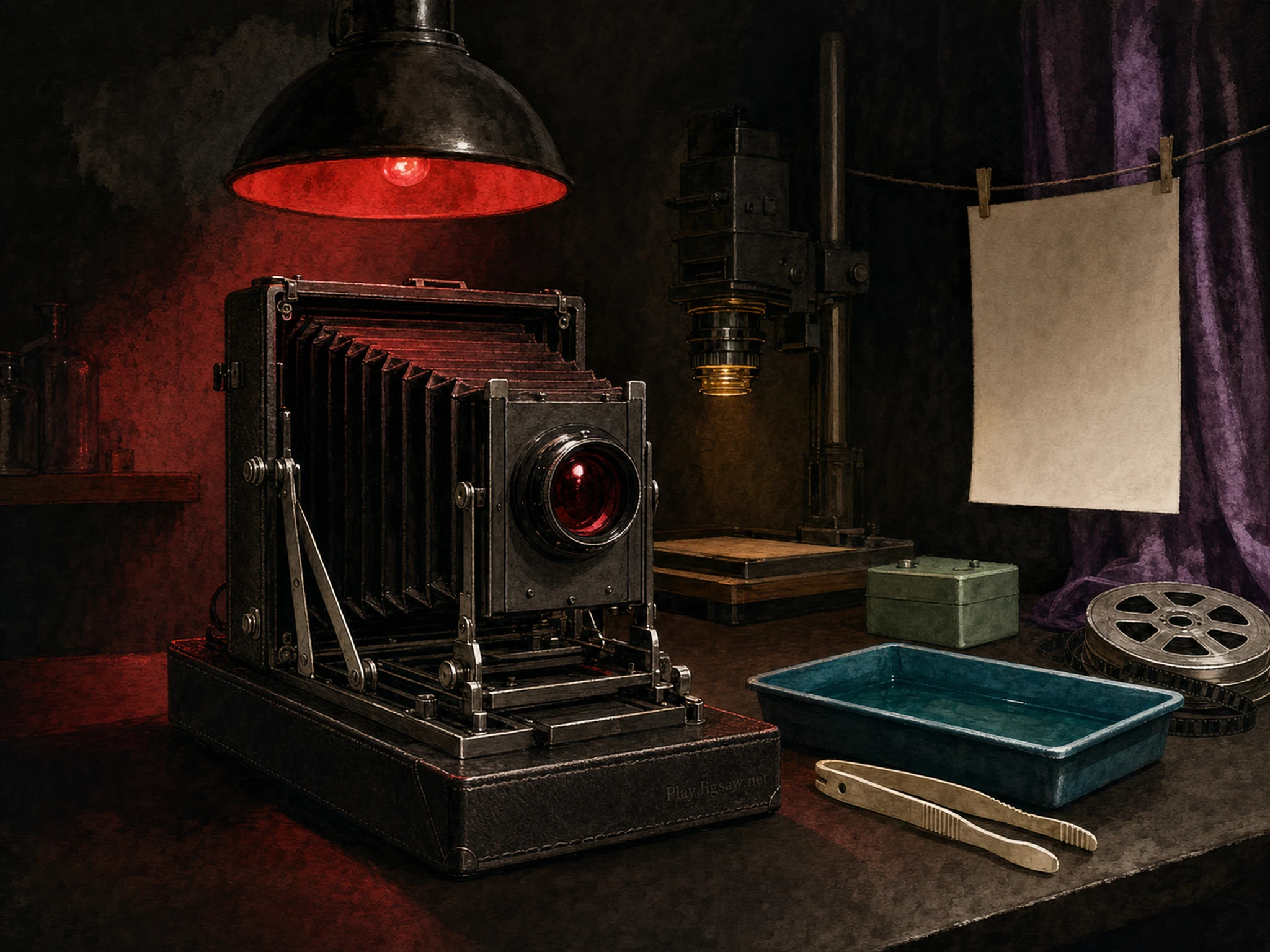 A black bellows camera under ruby safelight with amber enlarger, cyan tray, ivory tongs, violet curtain, silver reel, blank print, and embossed leather base
