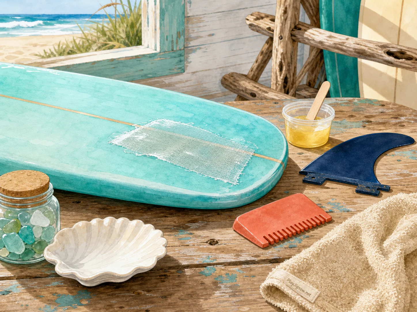 An aqua surfboard repair patch on a beach shack workbench with coral wax comb, sand towel, navy fin, sun-yellow resin cup, white shell dish, driftwood rack, and sea-glass jar