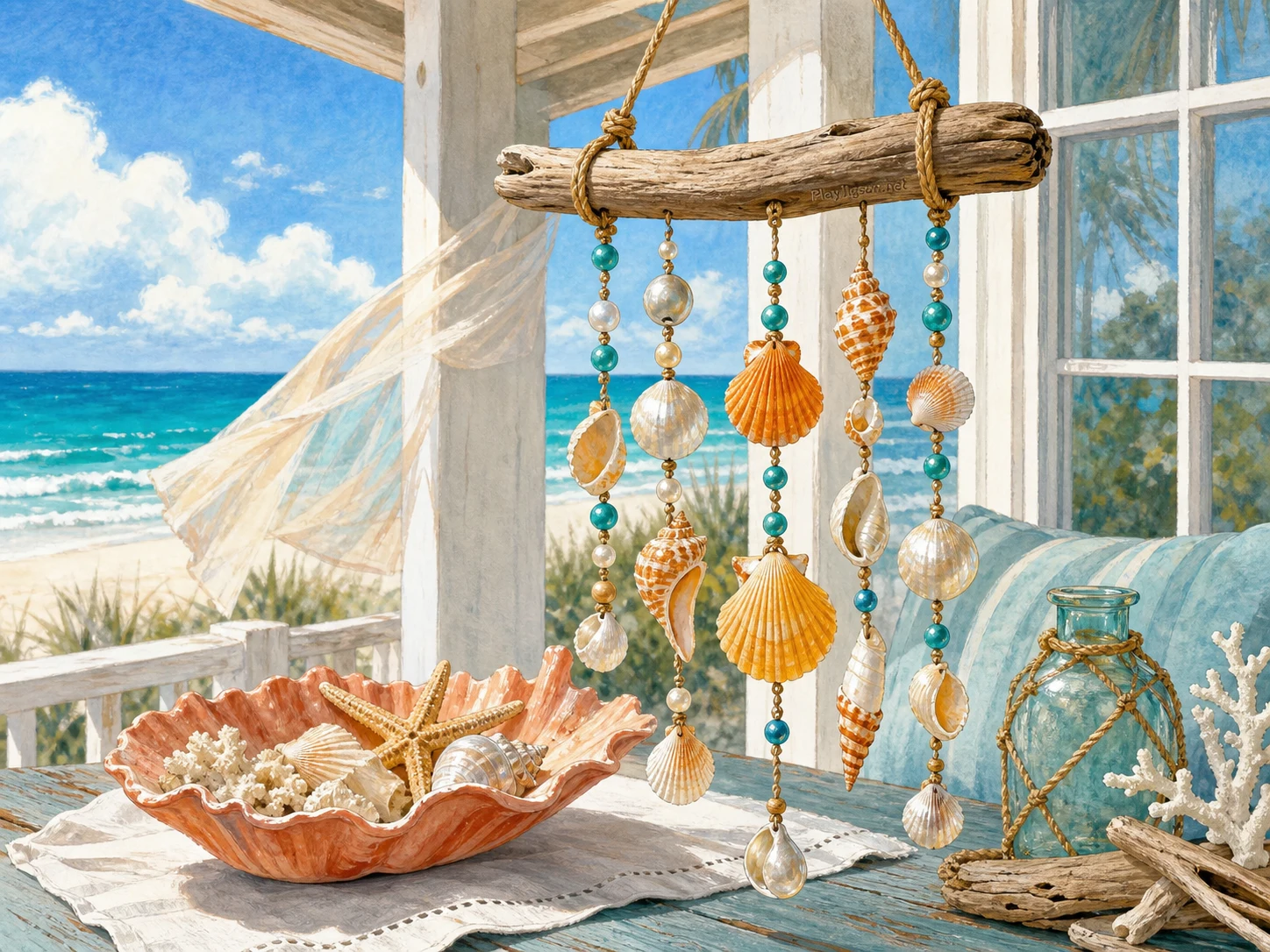A saffron-and-pearl shell windchime on a breezy beach porch table with turquoise bead strand, driftwood crossbar, coral shell dish, sky-blue window view, rope-tan knots, and white linen square