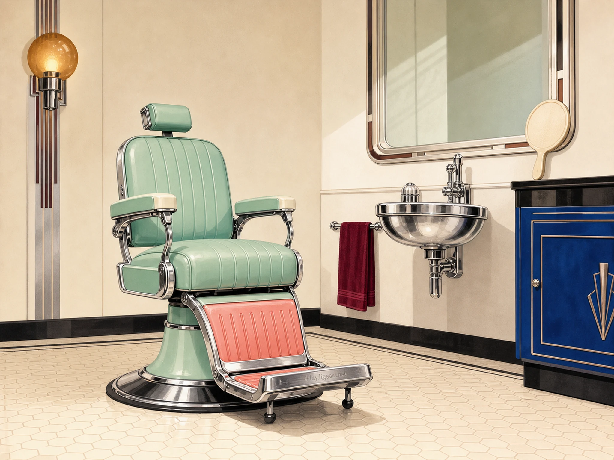 A mint Art Deco barber chair with coral footrest, chrome basin, burgundy towel, cream hex tile, cobalt cabinet, amber lamp, and subtle rail engraving