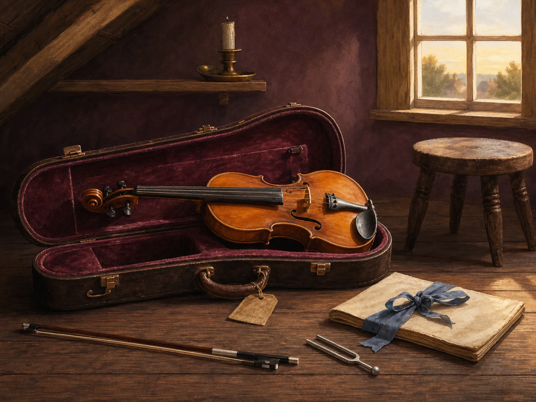 A quiet attic music room with a violin in an open velvet-lined case, bow, folded sheet music, tuning fork, candle holder, blue ribbon, and wooden stool