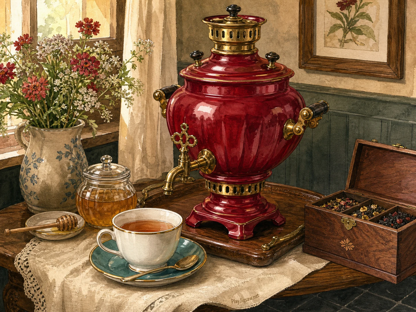 A carmine enamel samovar on a cozy tea room side table with brass spout, porcelain cup, teal saucer, honey jar, walnut tea box, cream linen, and charcoal tile floor