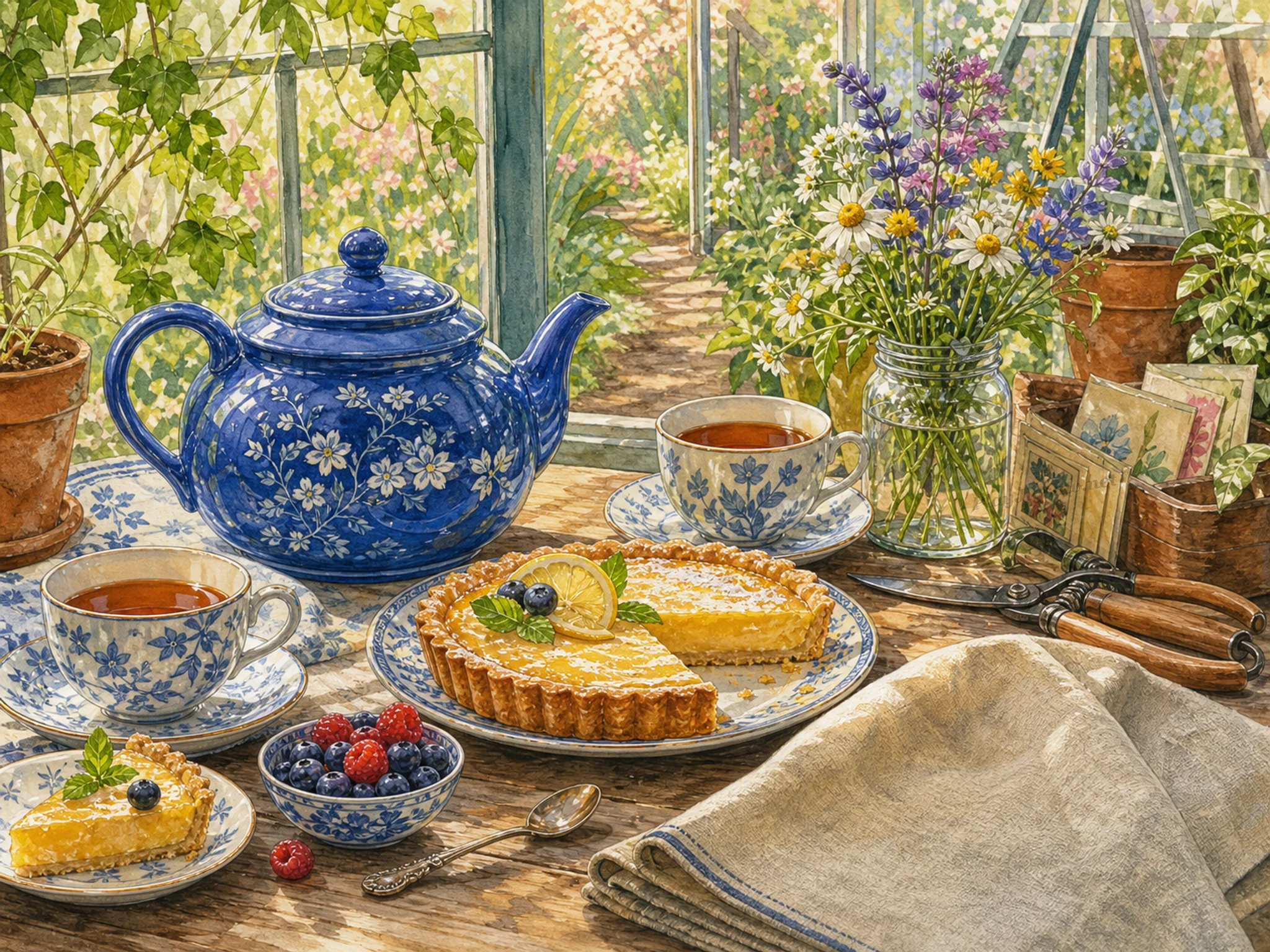 A cozy spring garden tea table with a blue ceramic teapot, lemon tart, teacups, wildflowers, berries, garden shears, greenhouse light, folded linen cloth, and a subtle in-world maker mark on a small background prop