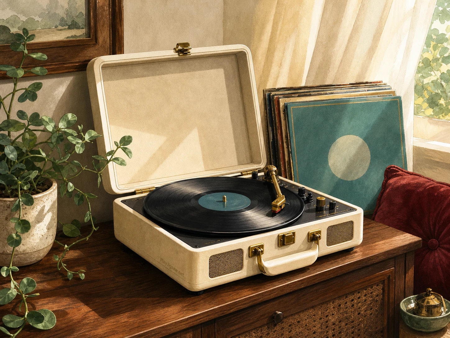 An ivory portable record player in a cozy music corner with walnut cabinet, teal record sleeve, ruby velvet cushion, brass needle arm, charcoal vinyl disc, cream curtain, and sage plant