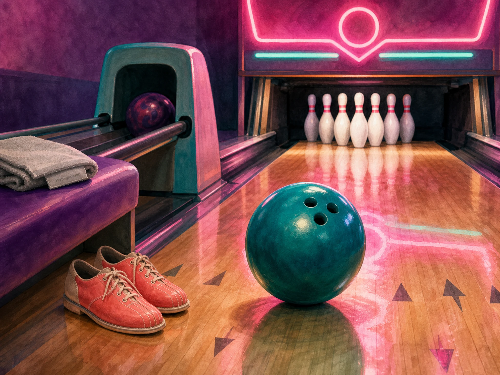 A retro neon bowling lane with a teal bowling ball, pins, coral bowling shoes, polished lane arrows, ball return, folded towel, neon wall glow, and a tiny in-world towel label