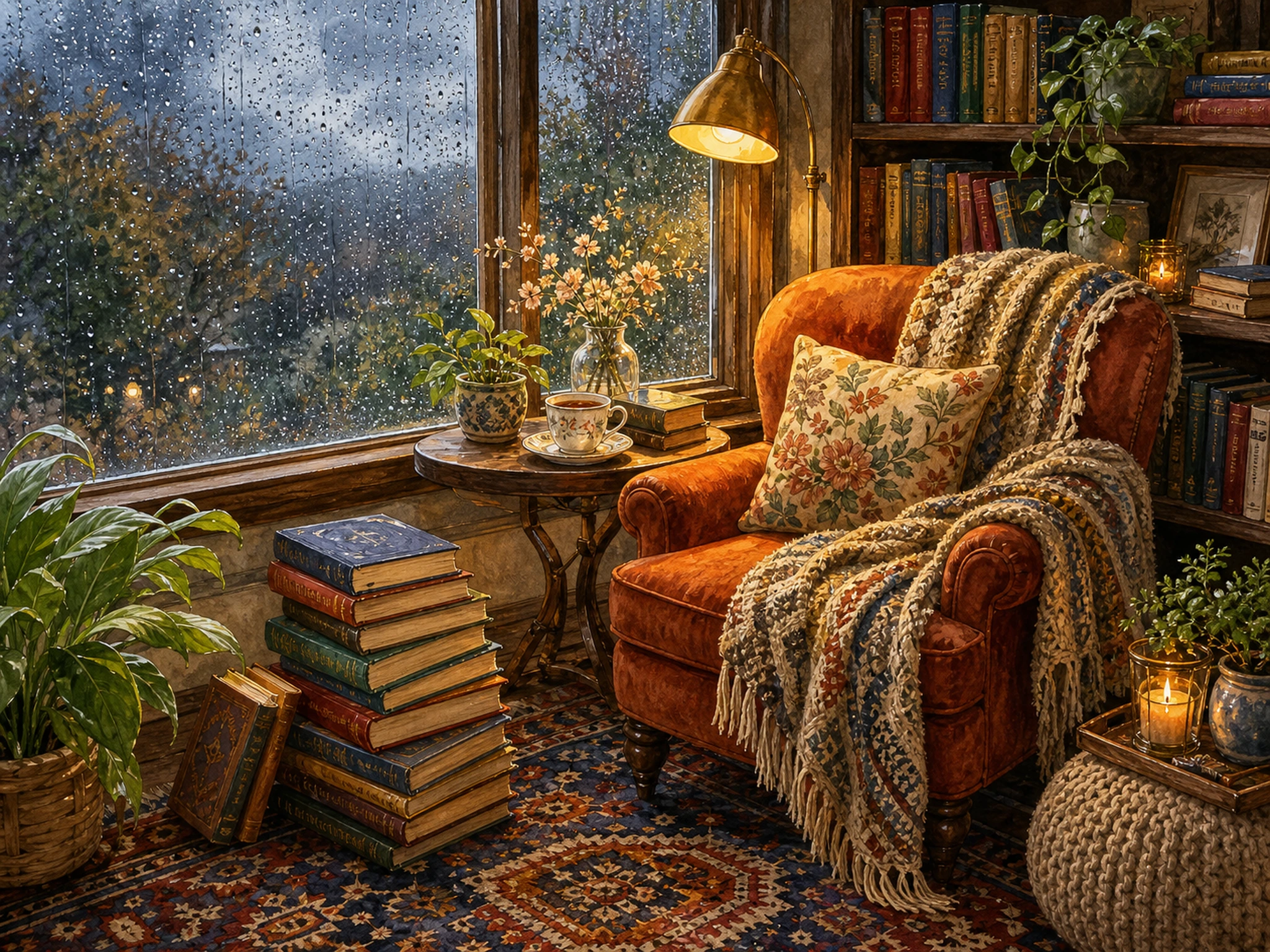 A warm reading nook by a rainy window with an armchair, blanket, books, tea cup, lamp, plants, and patterned rug