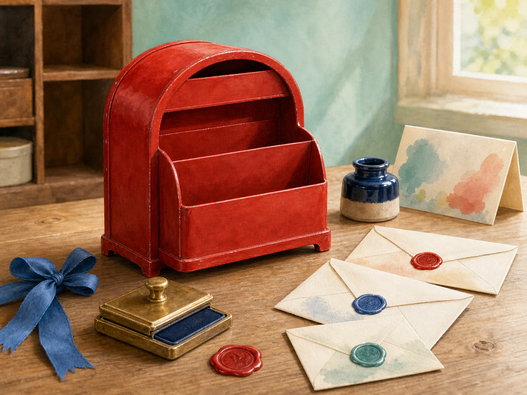 A tidy correspondence desk with a red wooden letter sorter, sealed envelopes, brass opener, ink bottle, blank card, ribbon, small lamp, and a subtle in-world maker mark