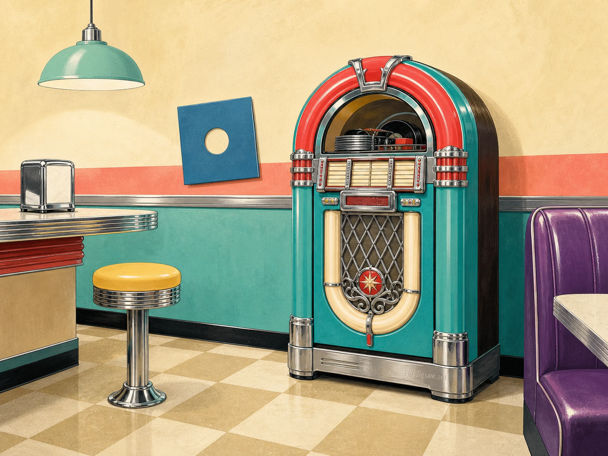 A turquoise and cherry-red jukebox in an empty 1950s diner with lemon stool, checker floor, violet booth, mint lamp, chrome trim, and subtle base engraving