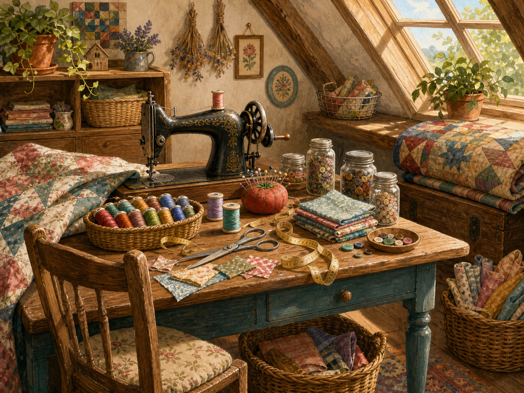 A cozy attic sewing table in afternoon light with thread spools, fabric scraps, scissors, pin cushion, folded quilt, measuring tape, buttons in jars, chair, plants, and baskets