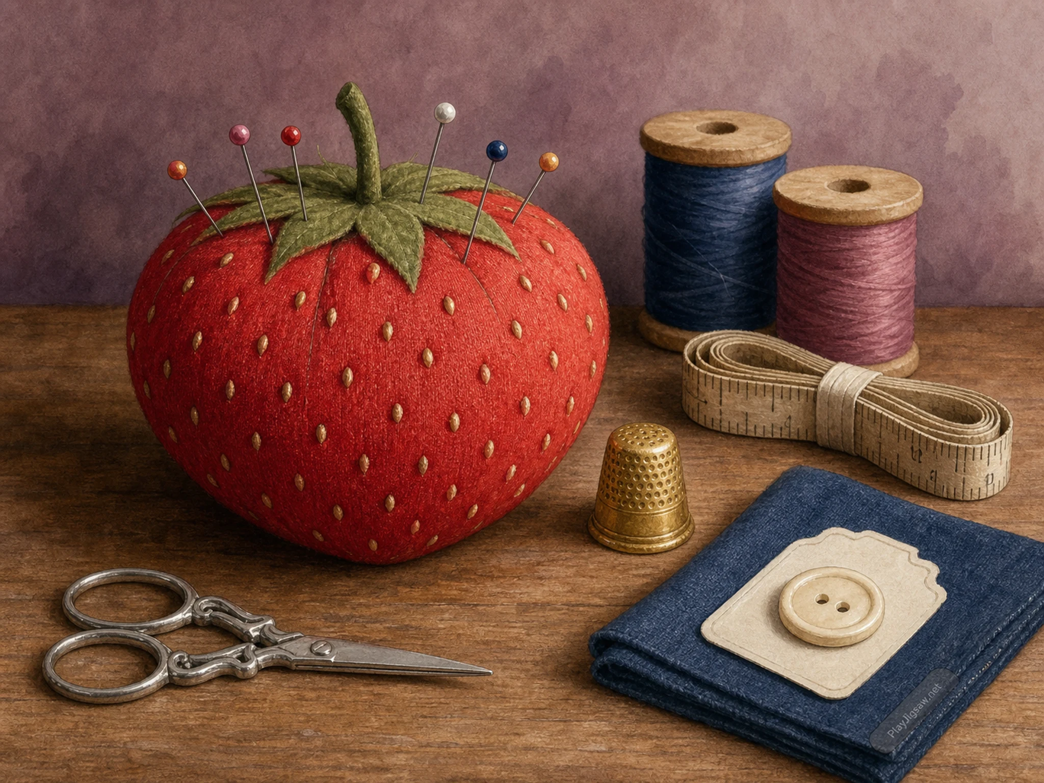 A sewing table with a strawberry-shaped pincushion, scissors, spool of thread, folded fabric, thimble, measuring tape, needle card, and a subtle in-world maker mark
