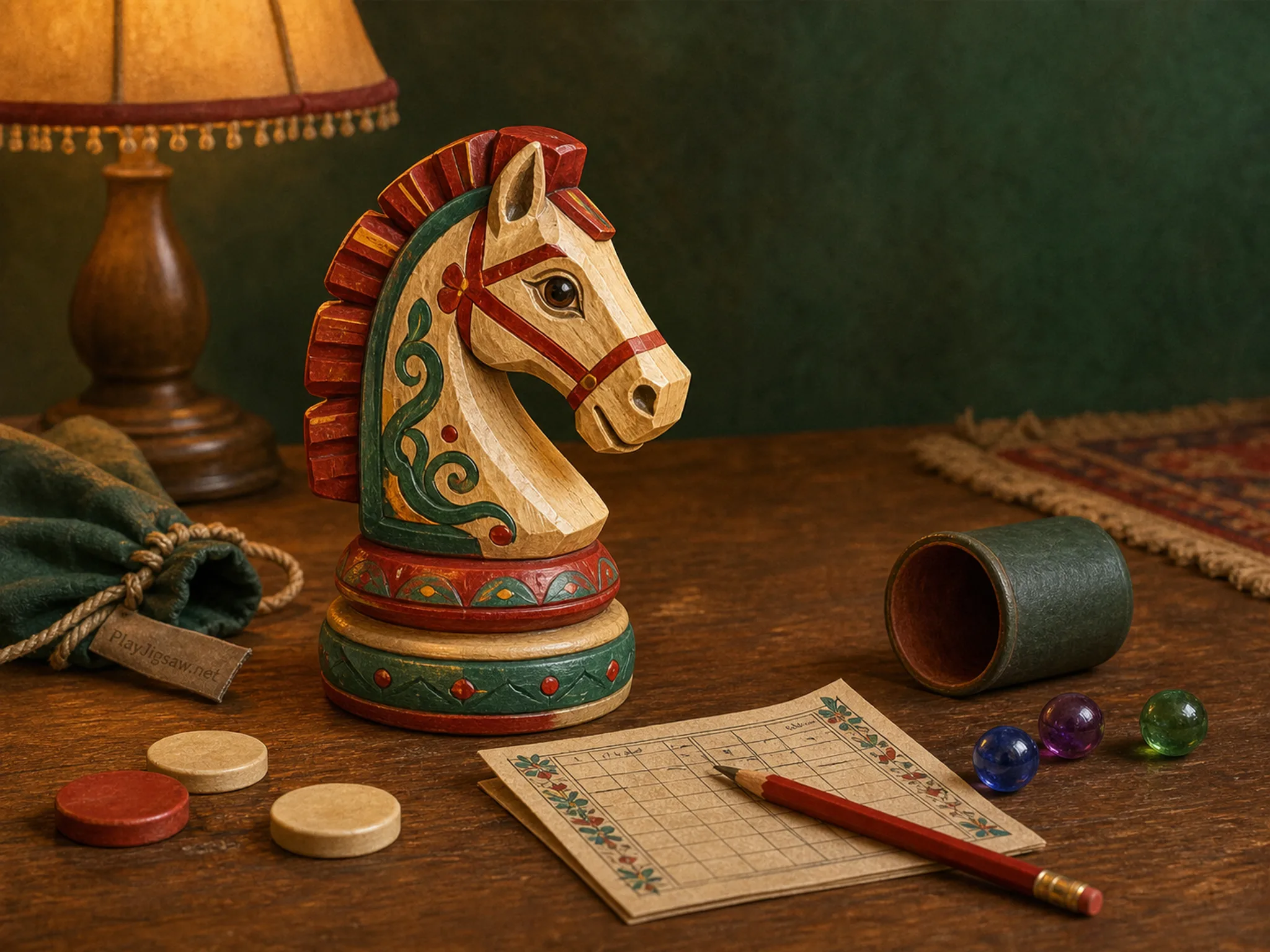 A cozy tabletop game scene with a hand-carved wooden knight toy, checker tiles, dice cup, score card, colored marbles, pencil, and cloth pouch