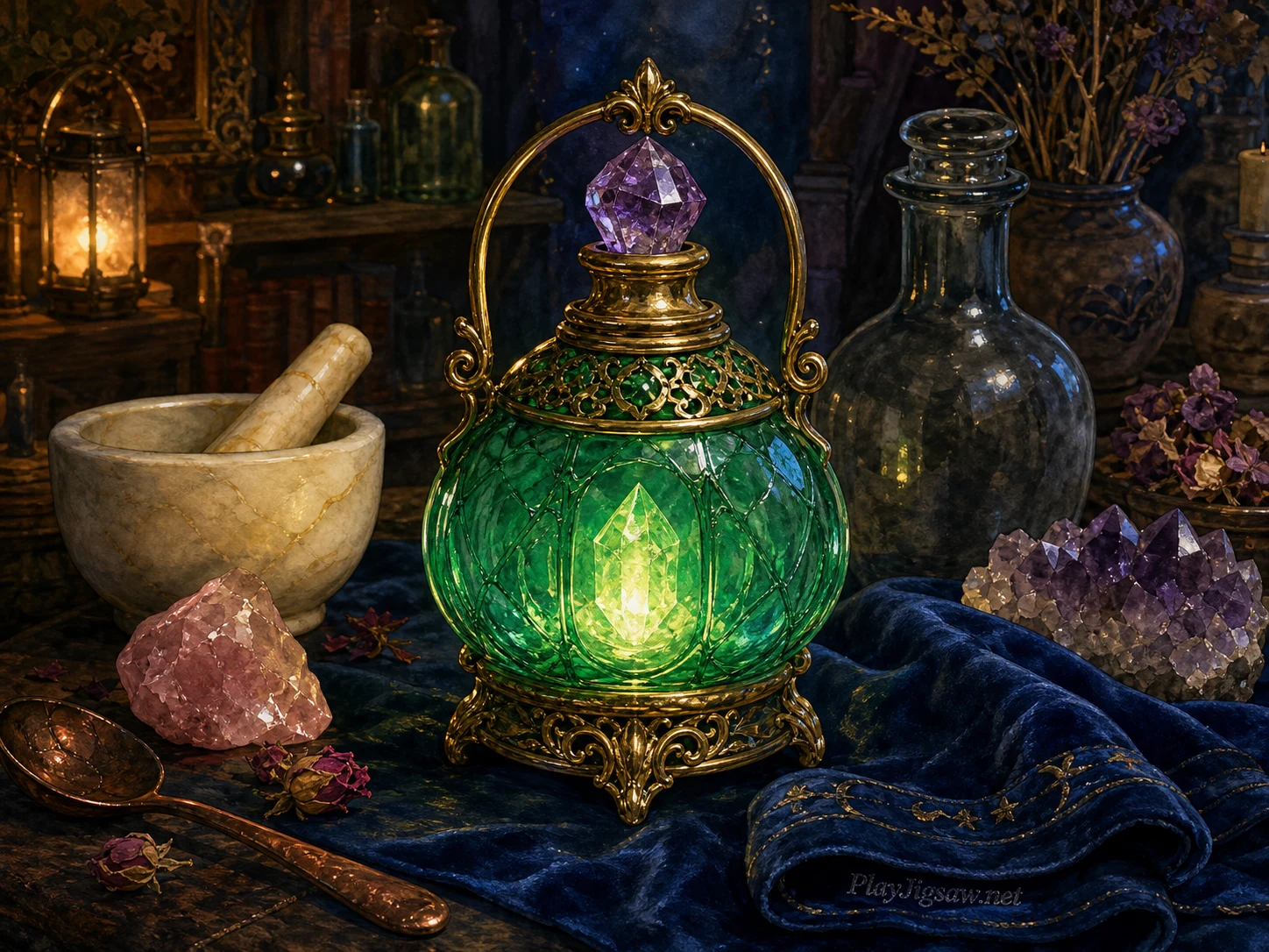 An emerald-glass potion lantern on a fantasy alchemist table with amethyst stopper, antique-gold handle, midnight-blue velvet cloth, ivory mortar, copper spoon, rose crystal, and smoky gray bottle