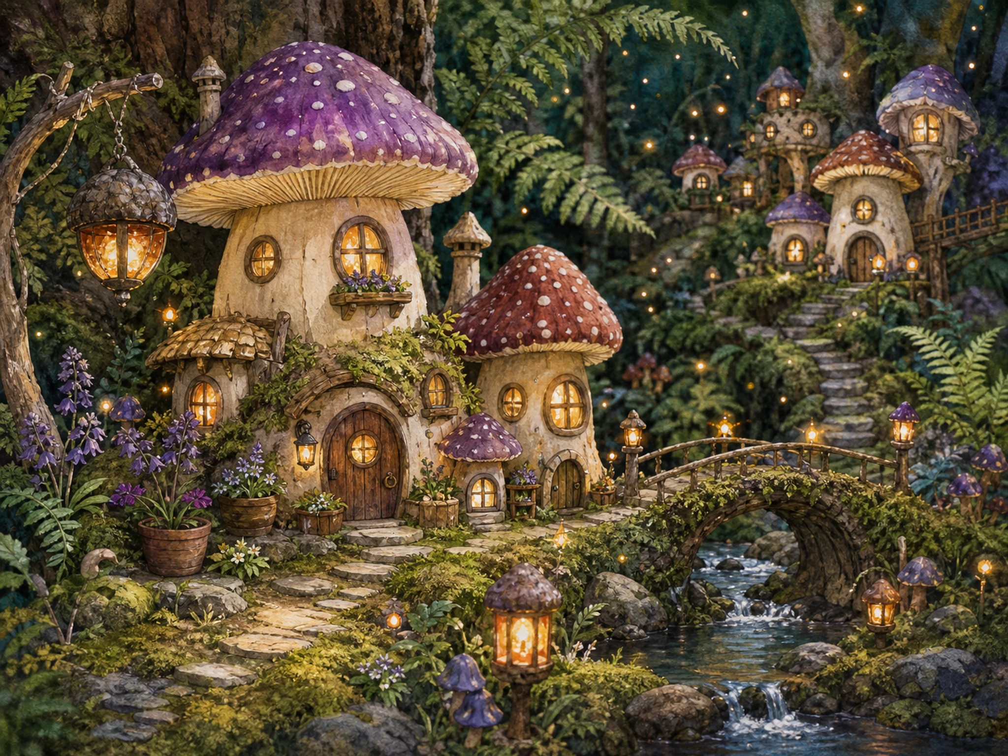 A tiny lantern-lit mushroom village with glowing windows, mossy bridges, round doors, flower pots, acorn lanterns, stone steps, ferns, stream, and forest plants