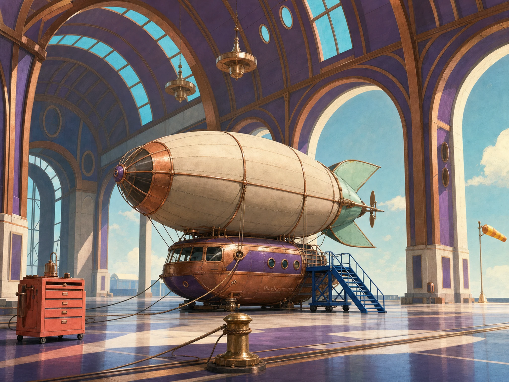 A copper and violet airship with cream envelope and mint fins in a grand aerodrome with cobalt stairs, coral tool chest, cyan skylights, and painted gondola mark