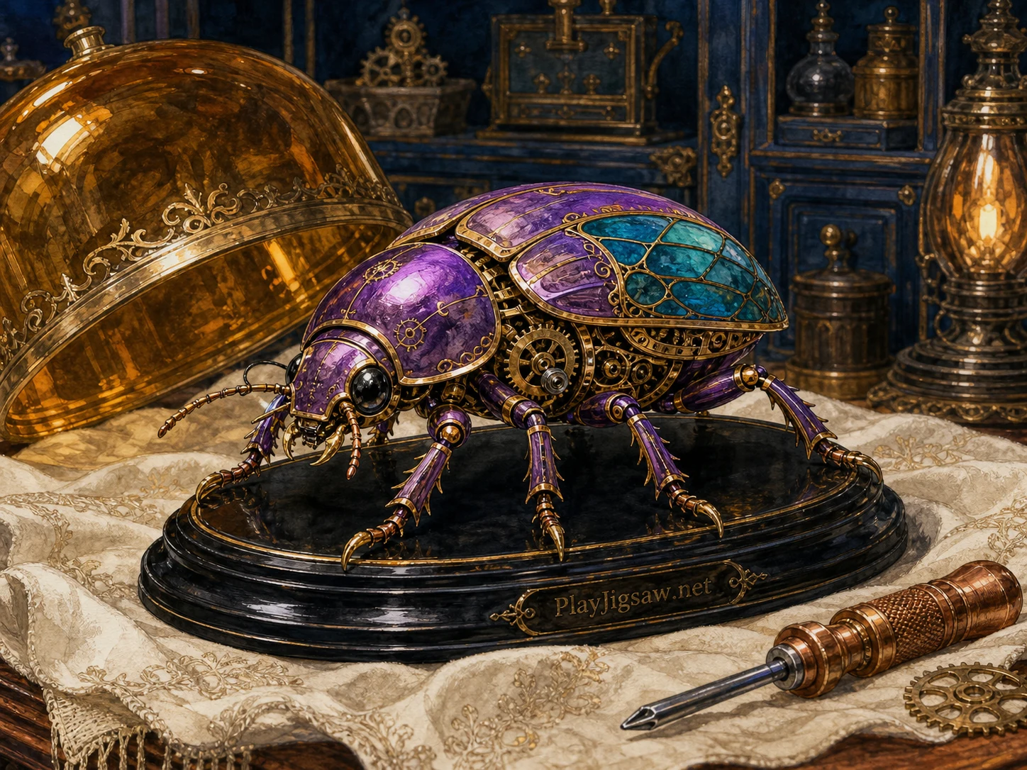 A violet clockwork beetle automaton on a black lacquer stand with antique-gold gears, teal wing panels, amber glass dome, ivory cloth, copper screwdriver, and midnight-blue cabinet