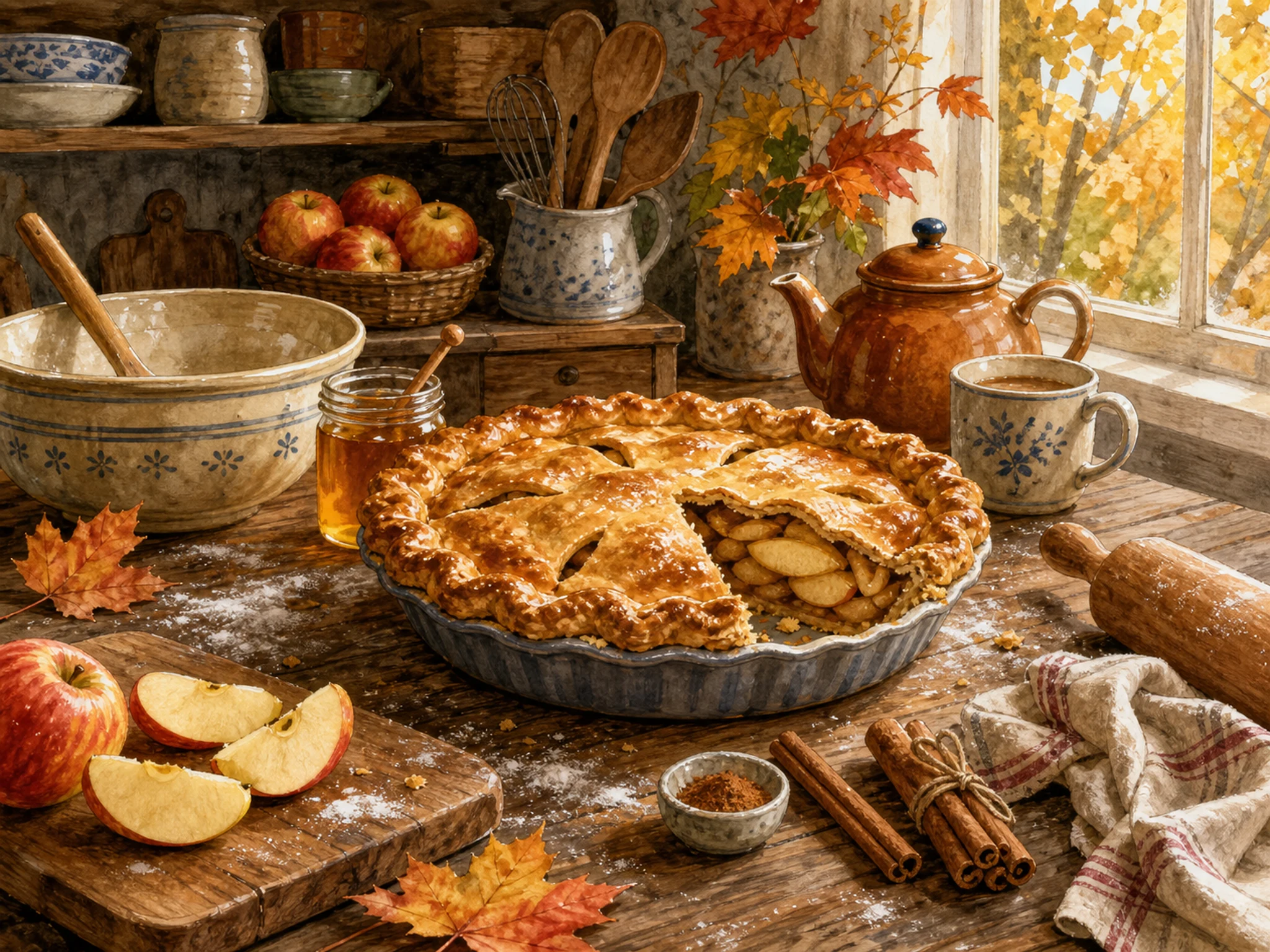 A cozy autumn bakery kitchen table with a large apple cinnamon pie, sliced apples, cinnamon sticks, rolling pin, flour, ceramic bowl, honey jar, teapot, leaves, and sunlit window