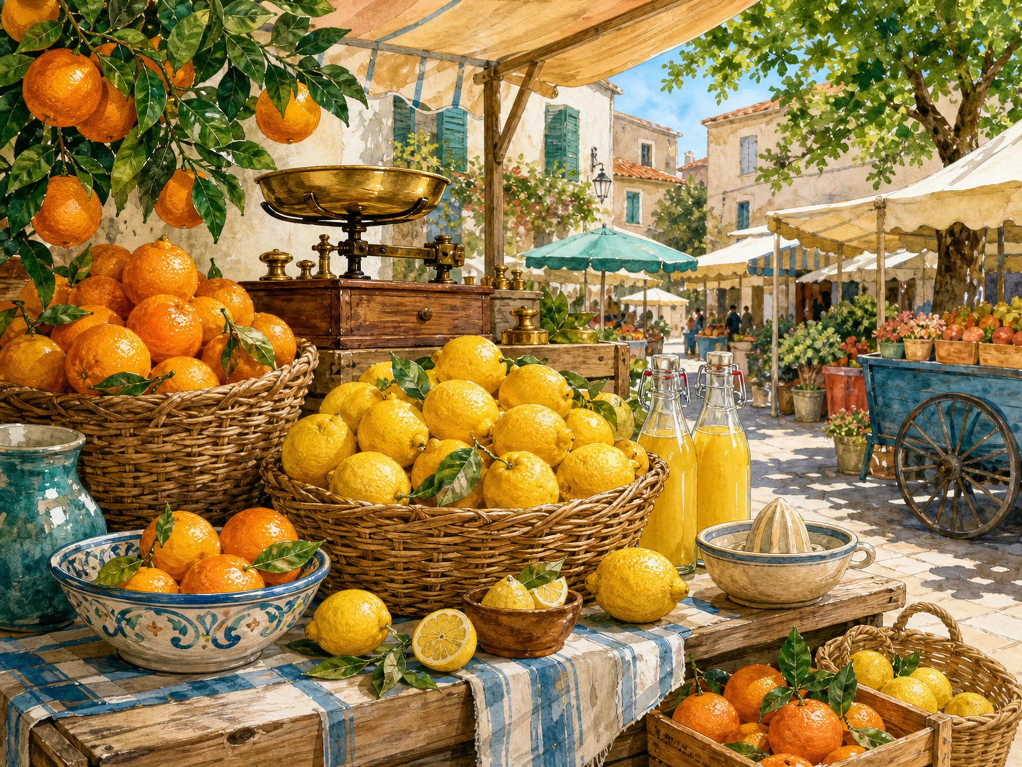 A sunny citrus market stall with stacked oranges and lemons, woven baskets, brass scale, wooden crates, striped cloth, juice bottles, and street market
