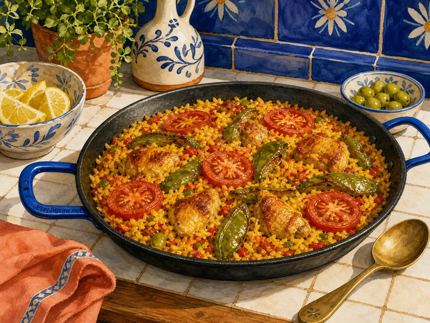 A cobalt-handled black iron paella pan on a sunlit tiled kitchen counter with saffron rice, tomato slices, olive-green peppers, ivory ceramic bowl, brass spoon, coral napkin, and blue tile backsplash