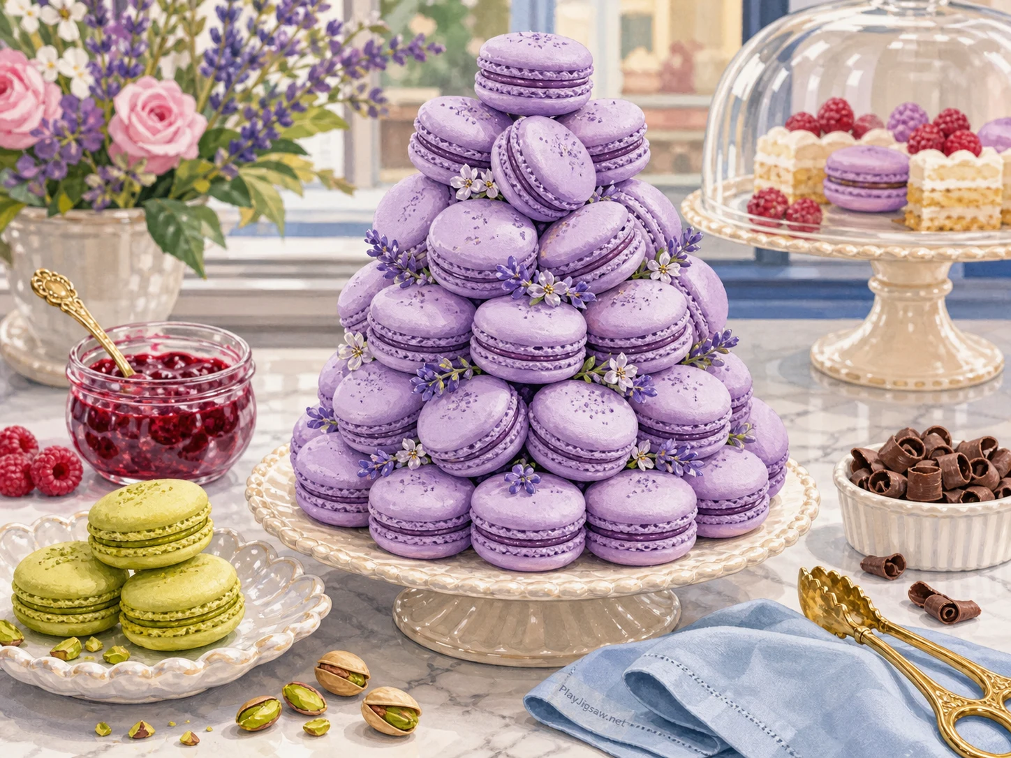 A lavender macaron tower on a patisserie counter with pistachio macarons, raspberry jam spoon, cream cake stand, gold tongs, powder-blue napkin, chocolate curl, and pearl plate