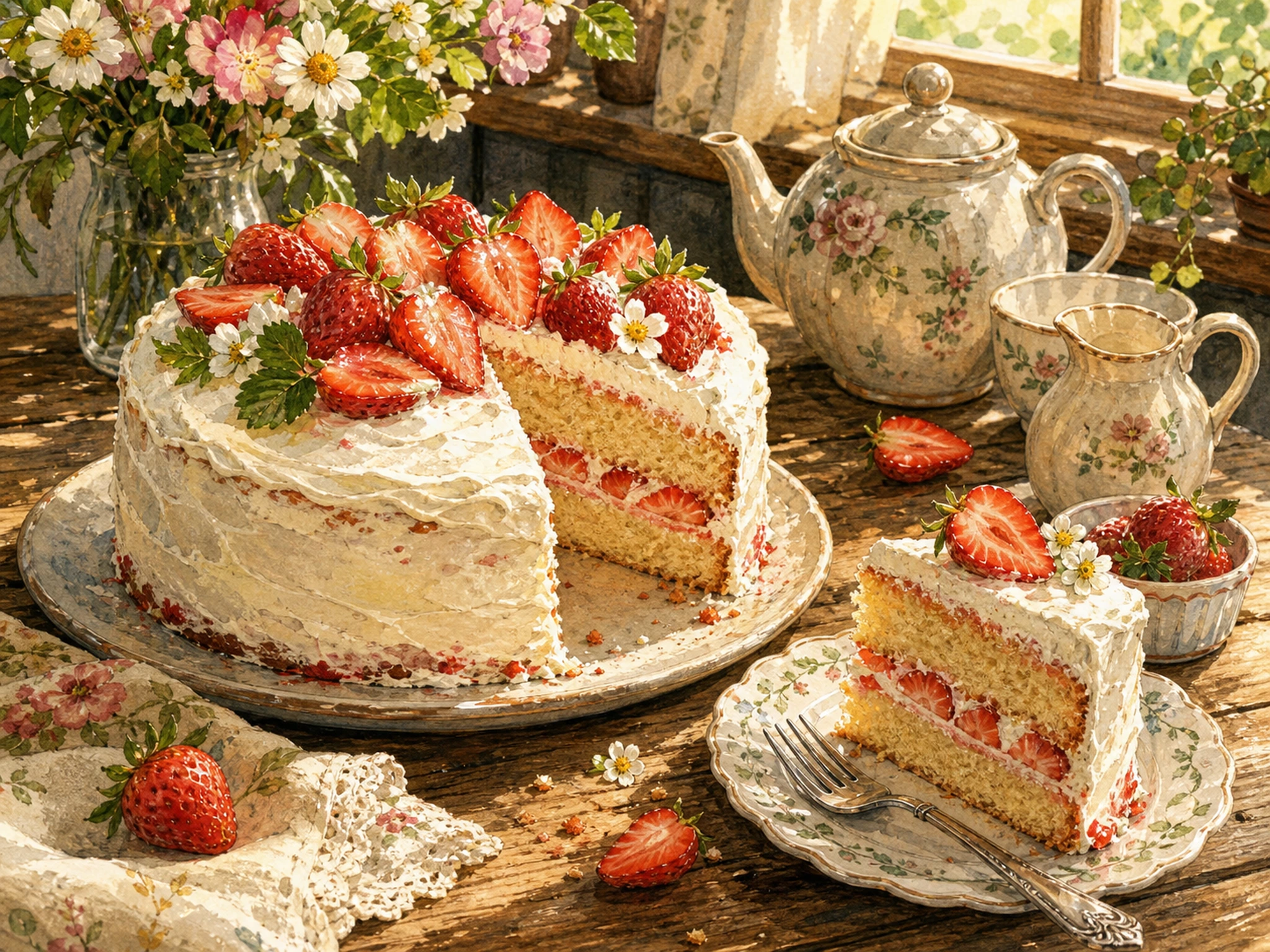 A homemade strawberry cake on a wooden table with sliced strawberries, cream, plate, fork, napkin, teapot, crumbs, and flower vase