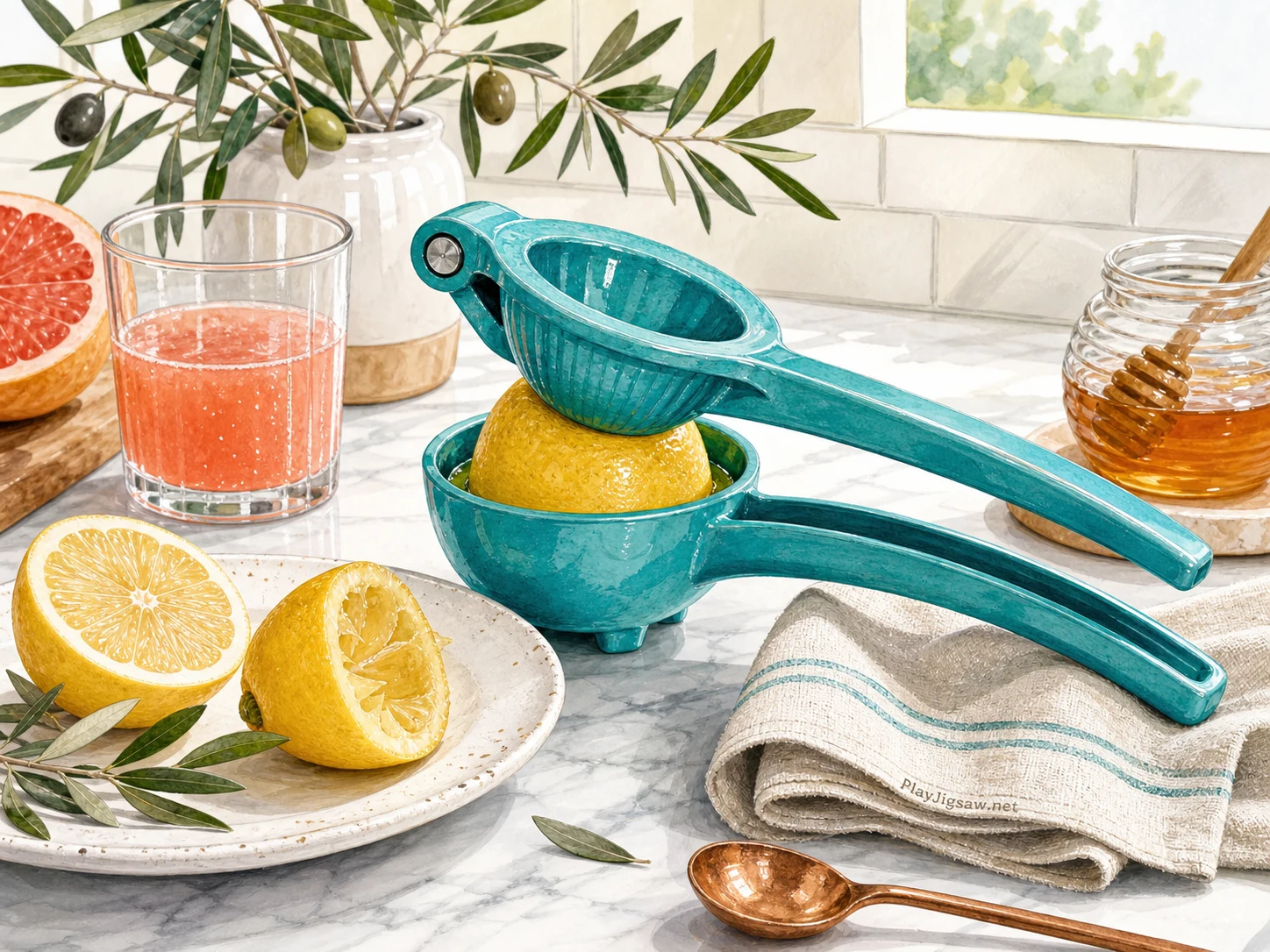 A turquoise hand citrus squeezer on a bright kitchen counter with lemon halves, grapefruit-pink juice glass, white ceramic plate, olive leaves, copper spoon, linen towel, and honey jar