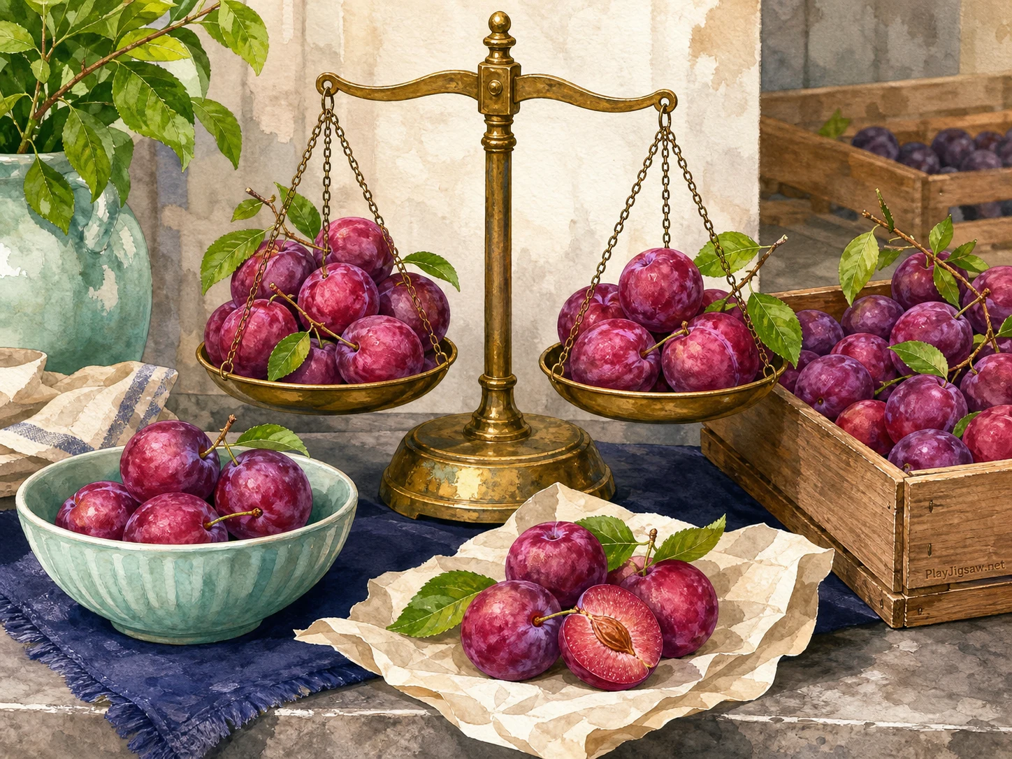A brass balance scale holding magenta plums on a quiet fruit market counter with mint bowl, cream paper wrap, indigo cloth, leaf-green stems, warm gray stone counter, and wooden crate