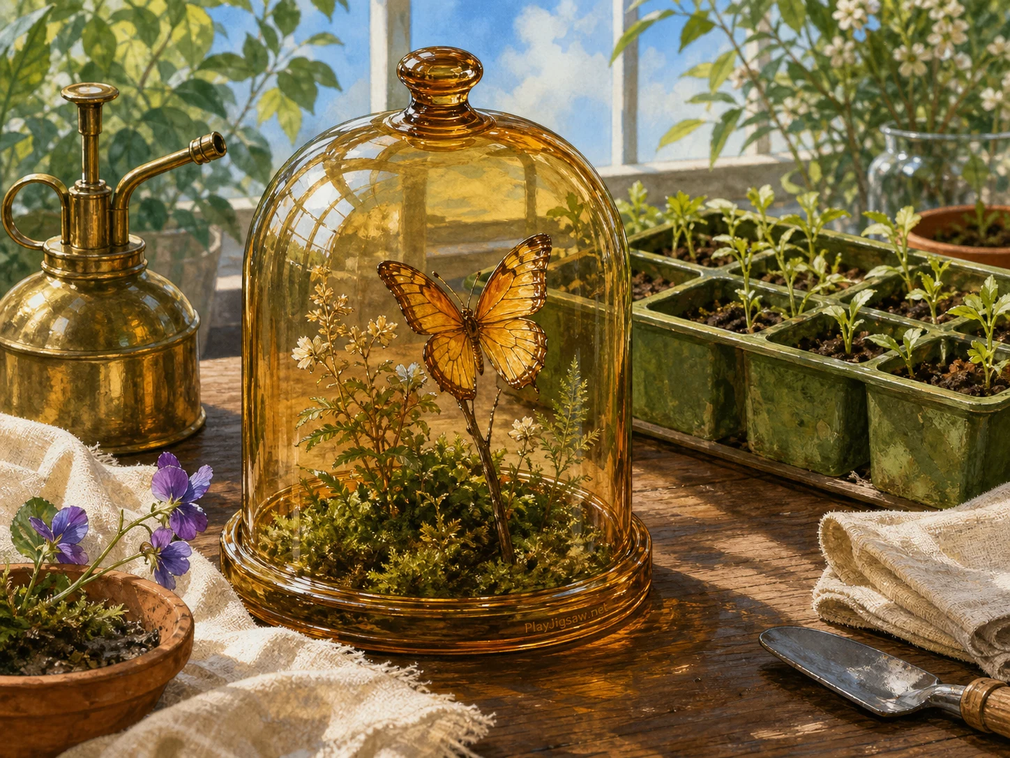 An amber glass butterfly cloche on a greenhouse worktable with moss-green seedling tray, violet flower sprig, cream linen, brass mister, terracotta saucer, sky-blue window light, and walnut table
