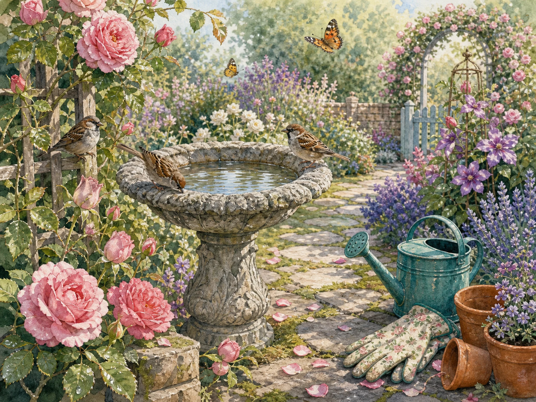 A garden birdbath on a winding rose path with sparrows, pink roses, mossy stepping stones, teal watering can, clay pots, gloves, trellis, and butterflies
