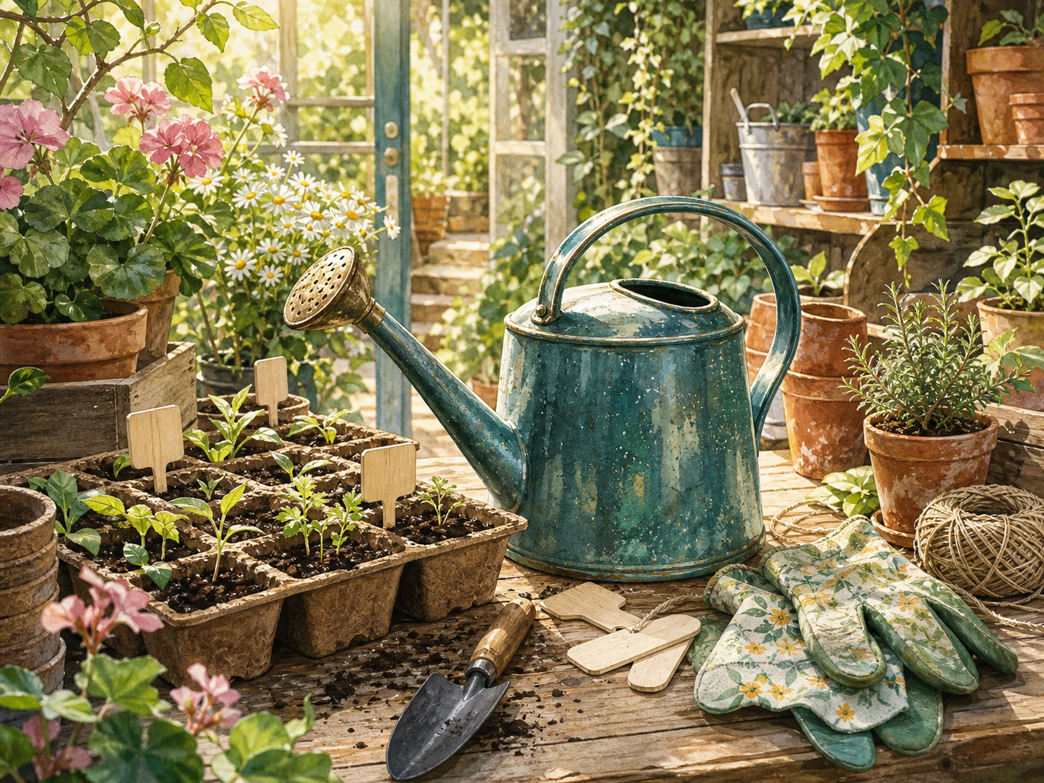 A cozy greenhouse potting table with a large teal ceramic watering can, seed trays, terracotta pots, garden gloves, twine, and leafy plants