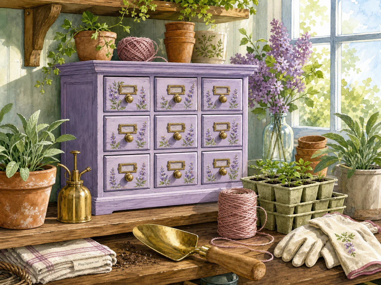 A lilac-painted seed cabinet in a sunlit potting shed with sage seed trays, terracotta pots, brass trowel, dusty rose twine, cream gloves, walnut shelf, and pale-blue window light