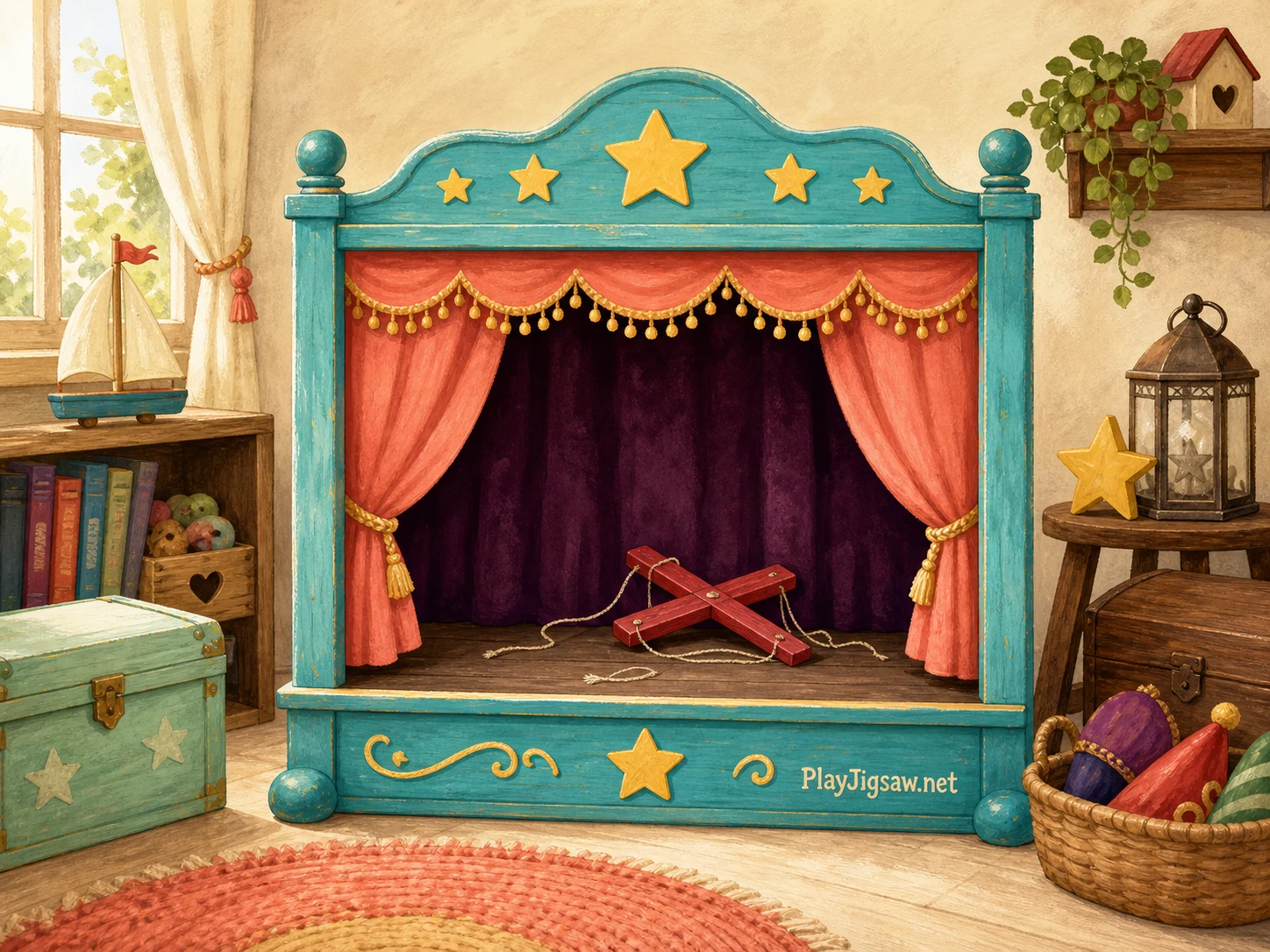 A coral curtain tabletop puppet theater with turquoise wooden frame, lemon star cutouts, plum velvet backdrop, cherry marionette controller, mint toy chest, warm ivory floor, and walnut props