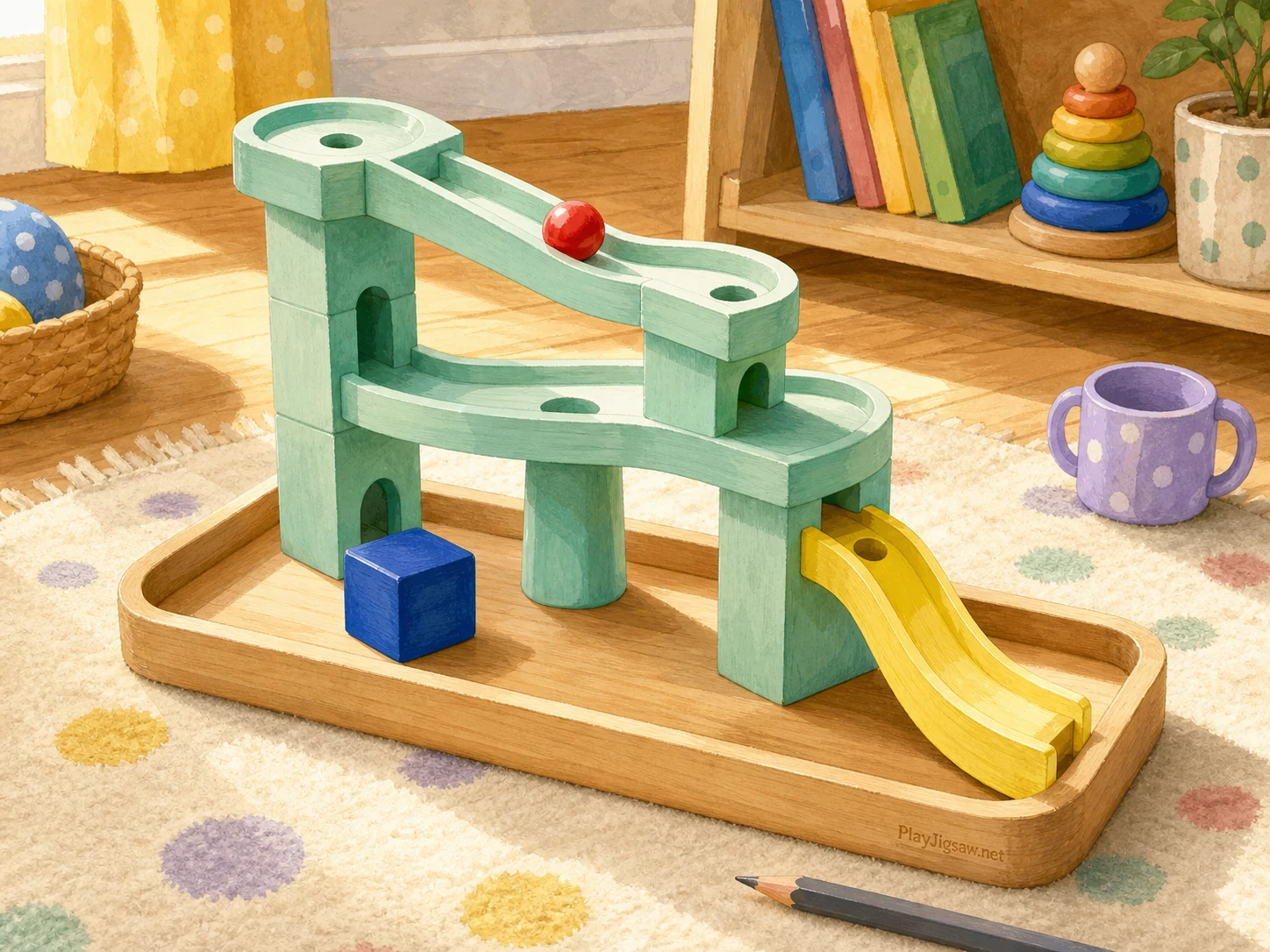 A mint wooden marble run on a sunny playroom floor with lemon ramp piece, cherry-red marble, cobalt block, warm wood tray, ivory rug, lilac toy cup, and graphite pencil