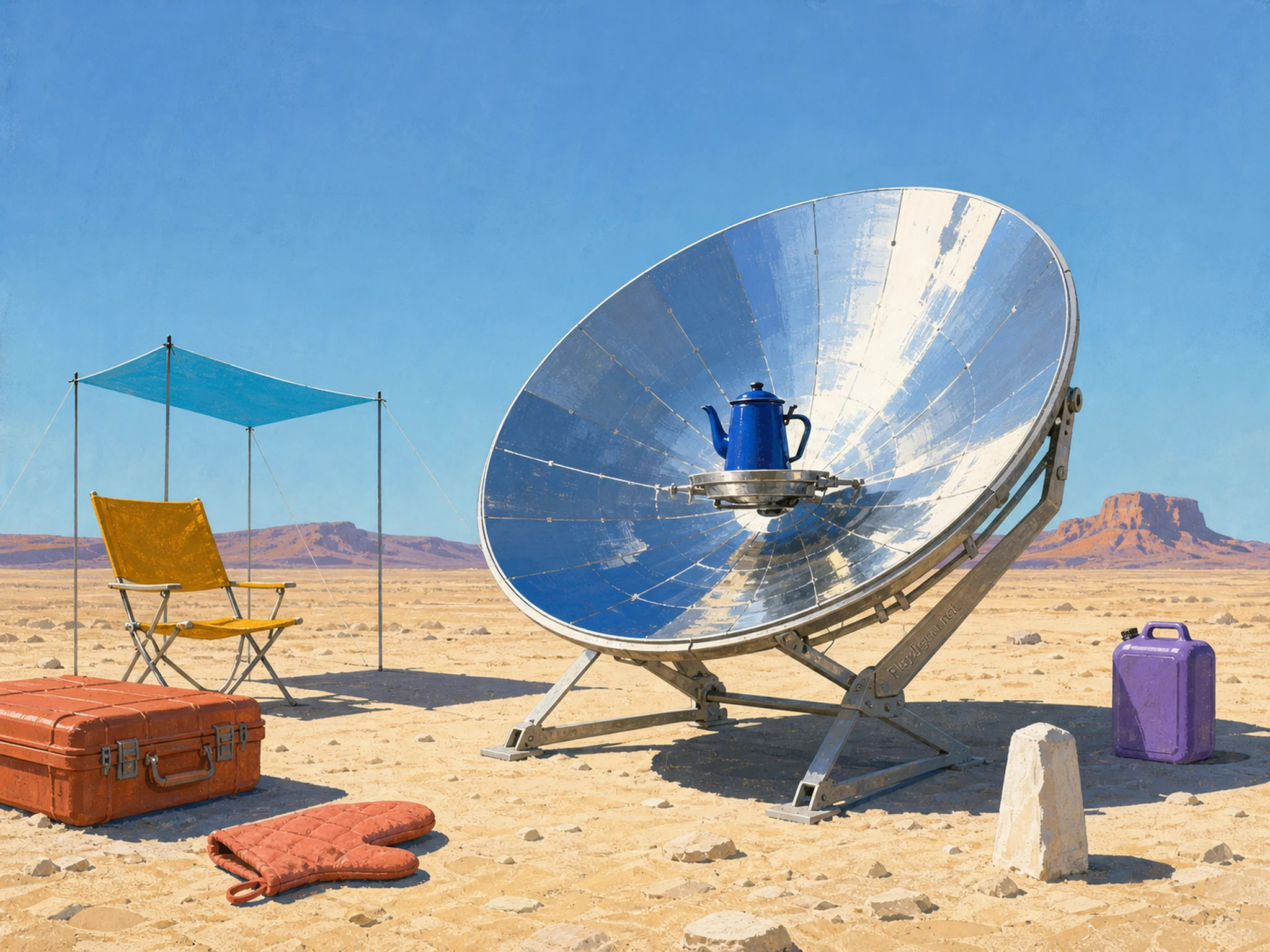 A silver parabolic solar cooker with cobalt kettle at a desert outpost with saffron chair, cyan shade, terracotta case, violet can, mesa, and etched support strut