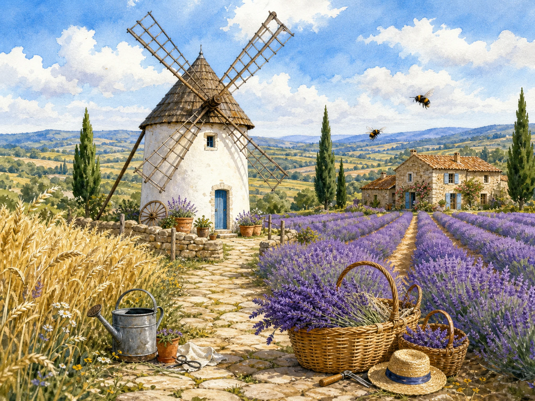 A white windmill beside lavender fields with wheat grasses, stone path, woven baskets, bees, farmhouse, cypress trees, distant hills, and blue sky