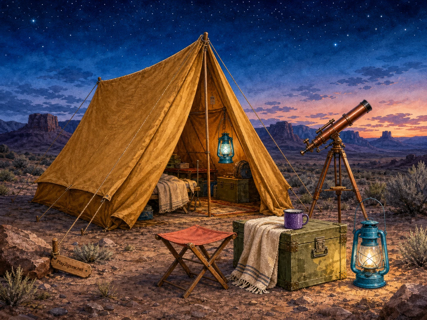 An ochre canvas observation tent at a high-desert astronomy camp with copper telescope, cyan lantern, coral stool, sage crate, ivory blanket, violet cup, and distant mesas