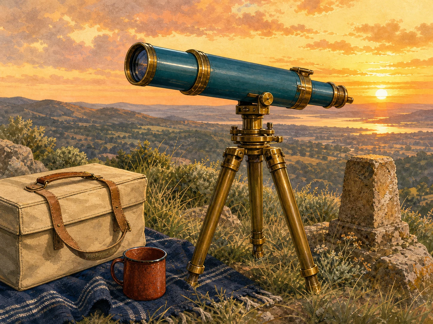 A teal field telescope on a brass tripod at a hilltop survey picnic setup with sunset-orange sky glow, sage grass, ivory canvas case, rust cup, indigo blanket, and warm stone marker