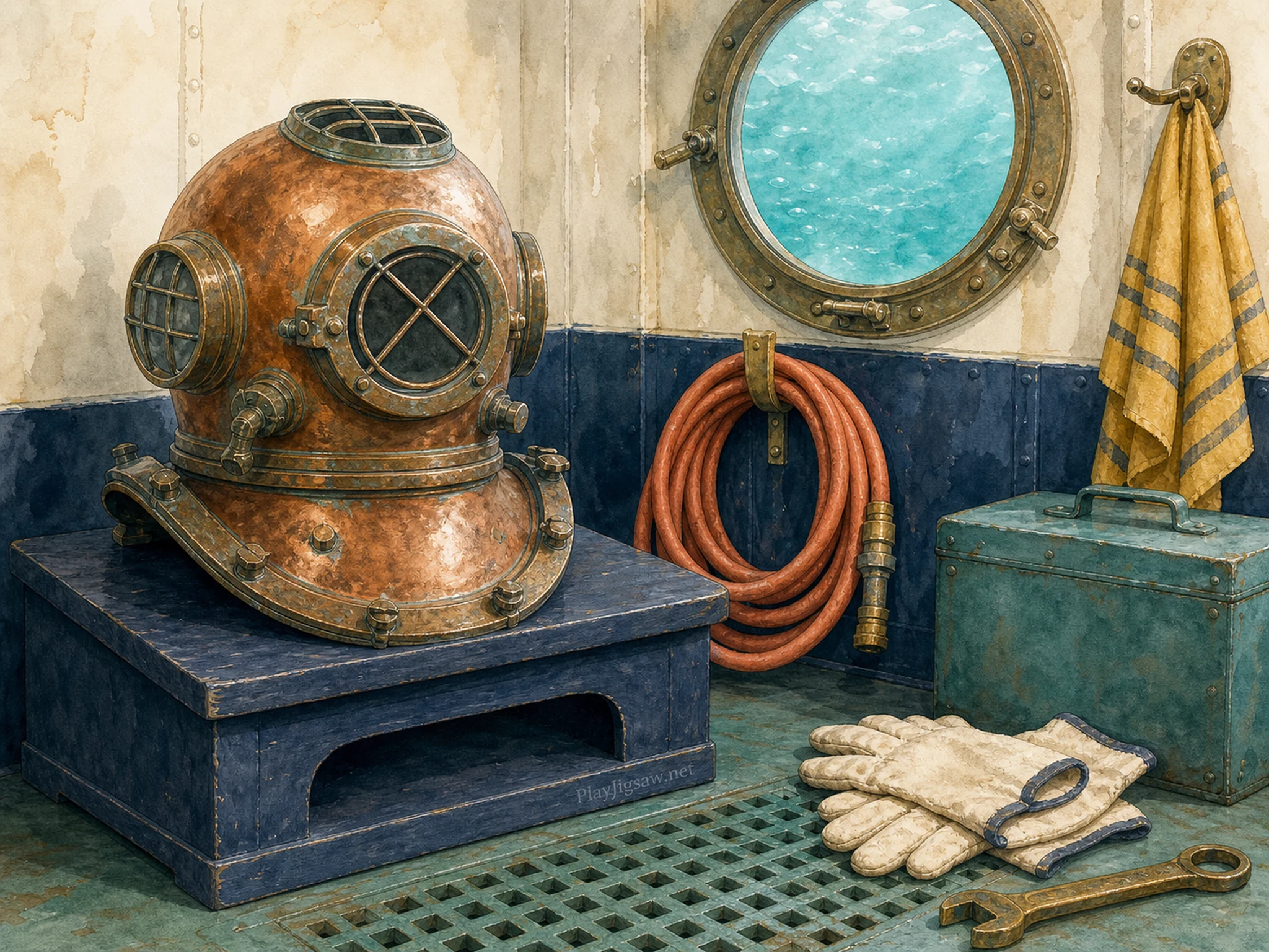 An antique copper diving helmet on a navy stand with aqua porthole, coral hose, cream gloves, teal box, mustard towel, brass wrench, and tiny stand engraving