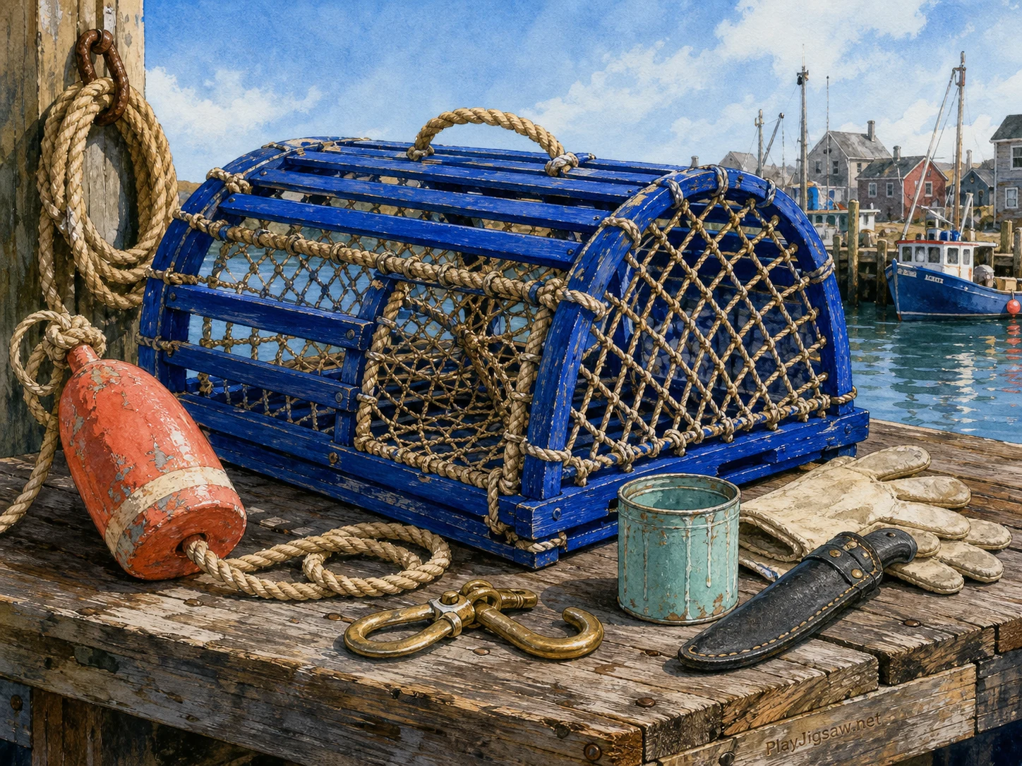 A cobalt-painted lobster pot on a harbor workbench with rope-tan netting, coral-red buoy, seafoam paint tin, brass hook, ivory work glove, charcoal knife sheath, and weathered wood planks